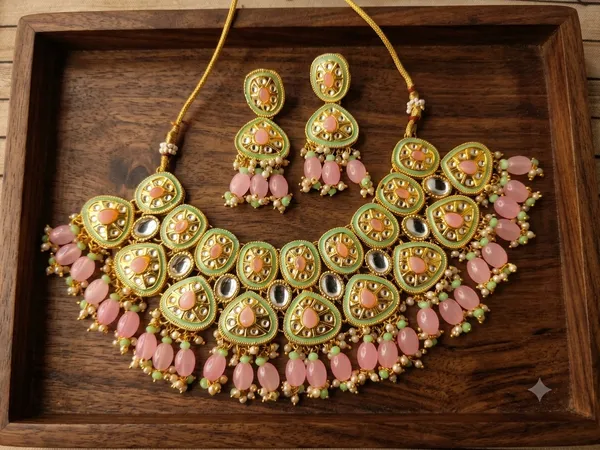 Gold-Plated_Meenakari_Kundan_Choker_Necklace_Set_with_Pink_Drops