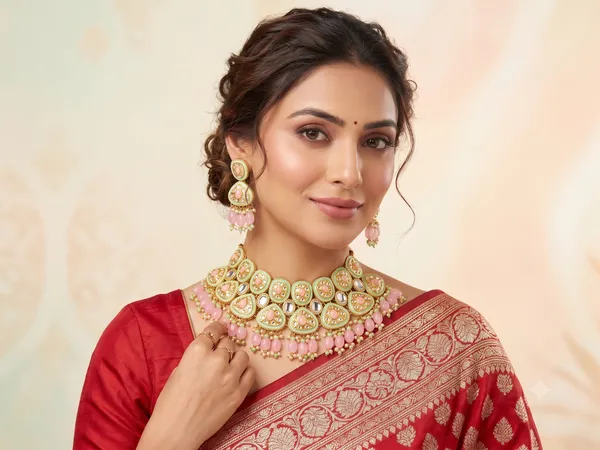 Gold-Plated_Meenakari_Kundan_Choker_Necklace_Set_with_Pink_Drops