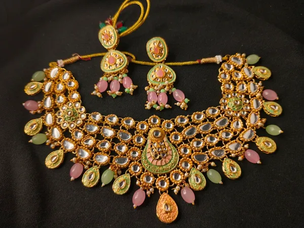 Gold-Plated_Meenakari_Kundan_Choker_Necklace_Set_with_Pink_and_Green_Drops
