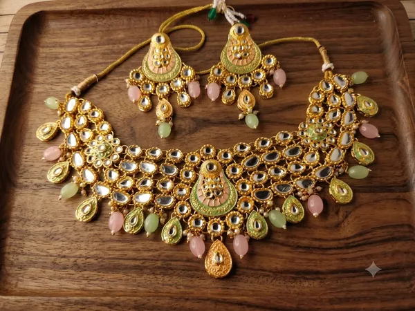 Gold-Plated_Meenakari_Kundan_Choker_Necklace_Set_with_Pink_and_Green_Drops