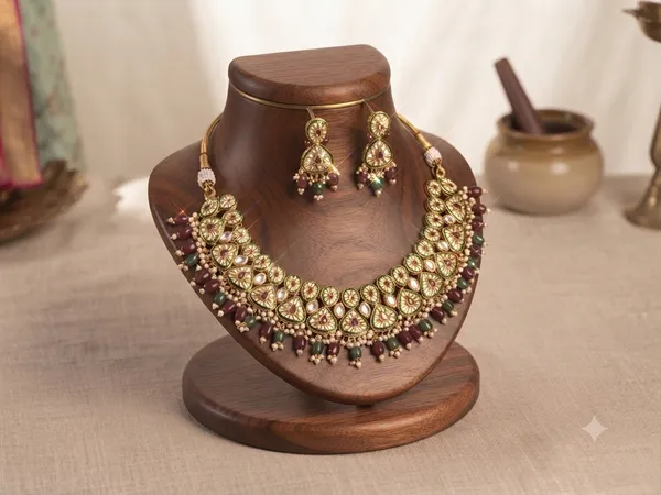 Gold-Plated_Meenakari_Kundan_Choker_Necklace_Set_with_Red_and_Green_Beads