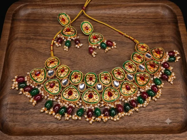 Gold-Plated_Meenakari_Kundan_Choker_Necklace_Set_with_Red_and_Green_Beads