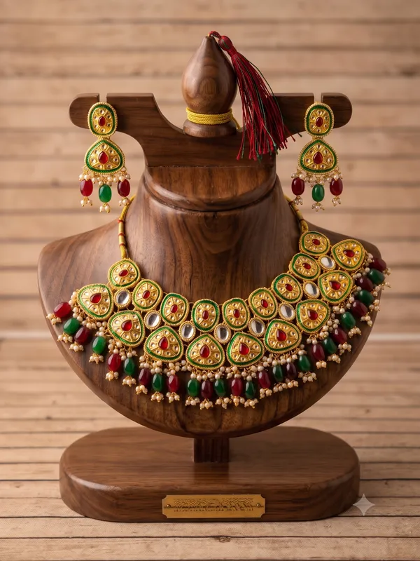 Gold-Plated_Meenakari_Kundan_Choker_Necklace_Set_with_Red_and_Green_Beads