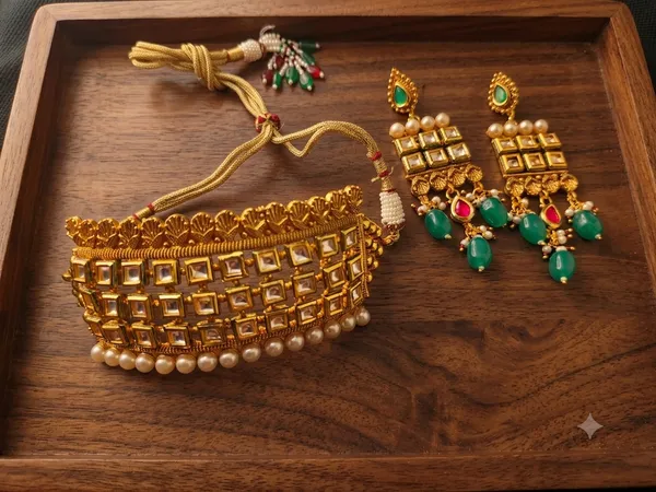 Gold-Plated_Rectangular_Kundan_Choker_Necklace_Set_with_Green_and_Red_Drops