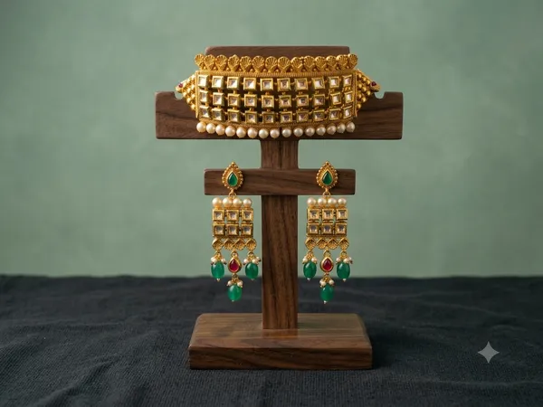 Gold-Plated_Rectangular_Kundan_Choker_Necklace_Set_with_Green_and_Red_Drops