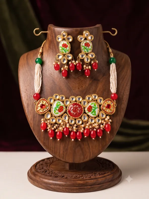 Handcrafted_Meenakari_Floral_Kundan_Choker_Necklace_Set_with_Red_Beads