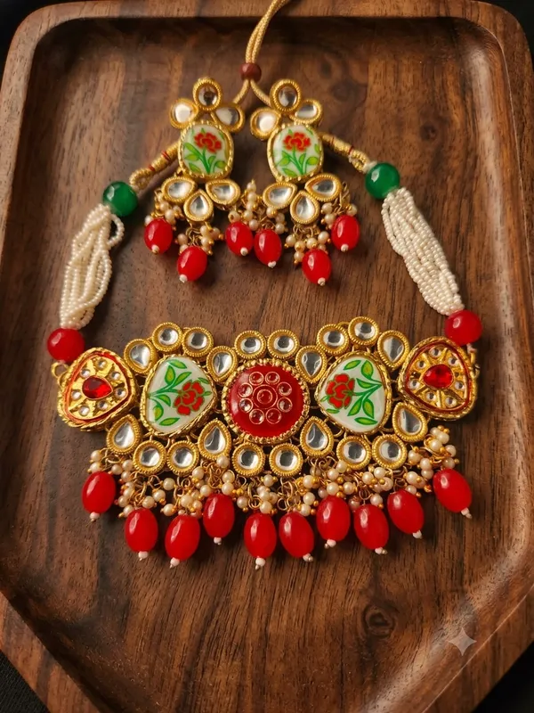 Handcrafted_Meenakari_Floral_Kundan_Choker_Necklace_Set_with_Red_Beads