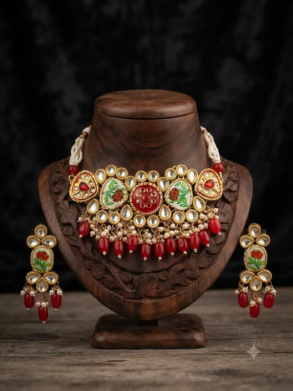 Handcrafted_Meenakari_Floral_Kundan_Choker_Necklace_Set_with_Red_Beads