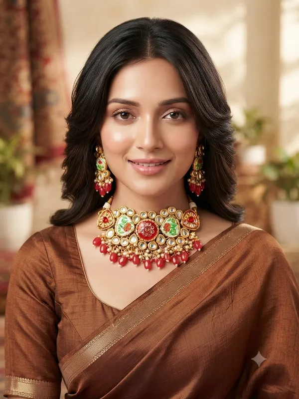Handcrafted_Meenakari_Floral_Kundan_Choker_Necklace_Set_with_Red_Beads
