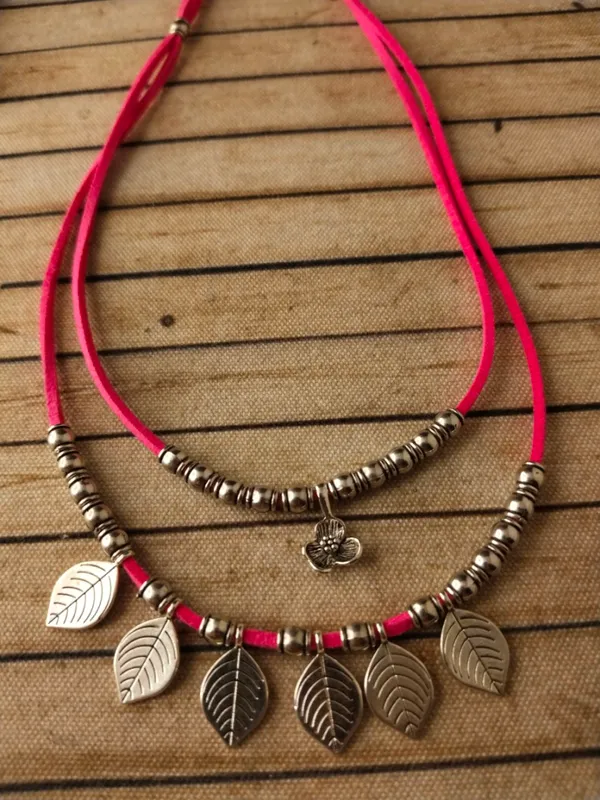 Layered_Metal_Charms_Necklace_For_Women_In_Pink_Threads