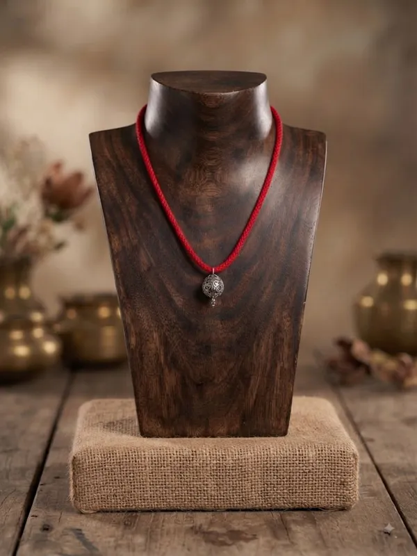Oxidised_Metal_Ball_Pendant_In_Red_Thread