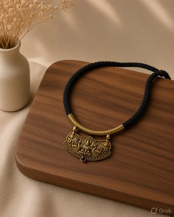 Golden_Goddress_Metal_Pendant_Necklace_In_Black_Rope_For_Women