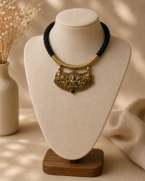 Golden_Goddress_Metal_Pendant_Necklace_In_Black_Rope_For_Women