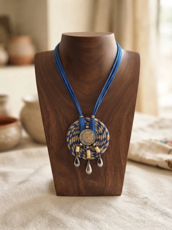 Jute_And_Blue_Threads_With_Metal_Pendant_Necklace_For_Women