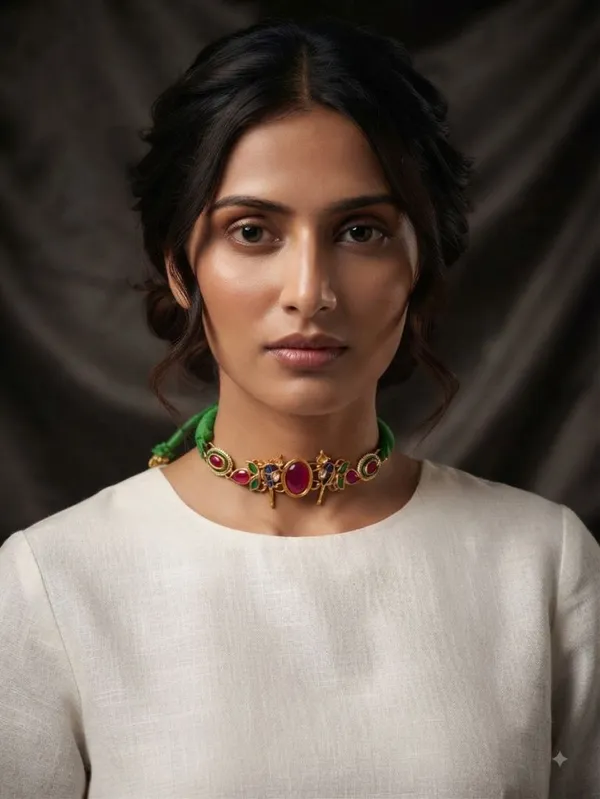 Gold_Kundan_Stones_Choker_Necklace_In_Green_Thread_For_Women