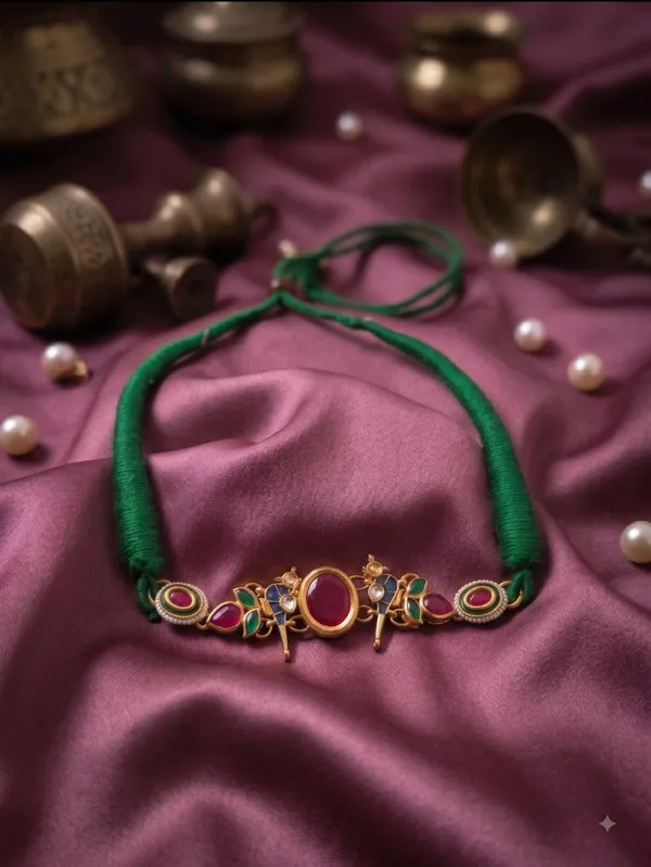 Gold_Kundan_Stones_Choker_Necklace_In_Green_Thread_For_Women