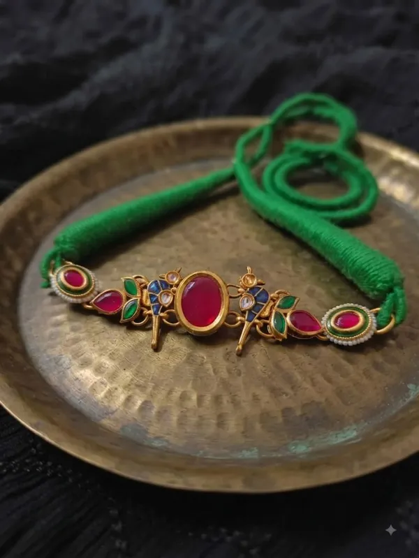 Gold_Kundan_Stones_Choker_Necklace_In_Green_Thread_For_Women