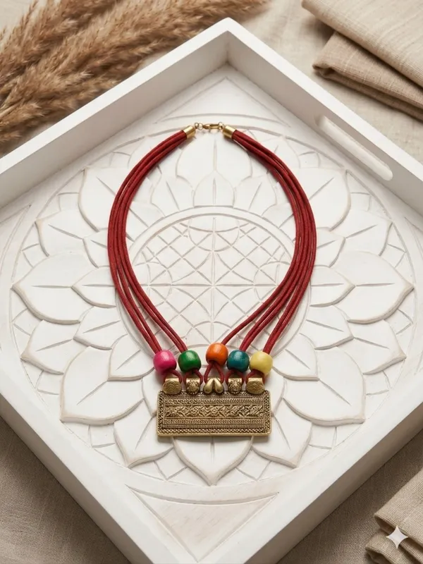 Red_Faux_Leather_Thread_Pendant_Necklace_For_Women
