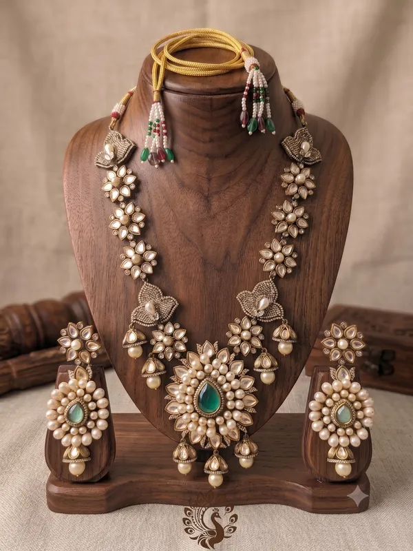Oxidized_Silver-Plated_Floral_Kundan_Long_Necklace_Set_with_Green_Center_Stone