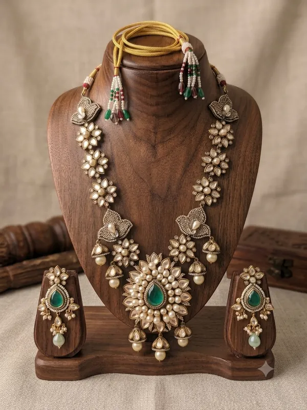 Oxidized_Silver-Plated_Floral_Kundan_Long_Necklace_Set_with_Green_Center_Stone