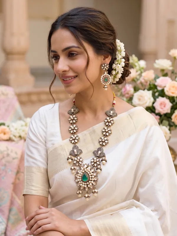 Oxidized_Silver-Plated_Floral_Kundan_Long_Necklace_Set_with_Green_Center_Stone
