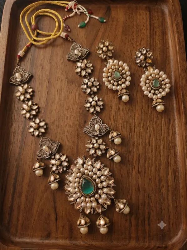Oxidized_Silver-Plated_Floral_Kundan_Long_Necklace_Set_with_Green_Center_Stone