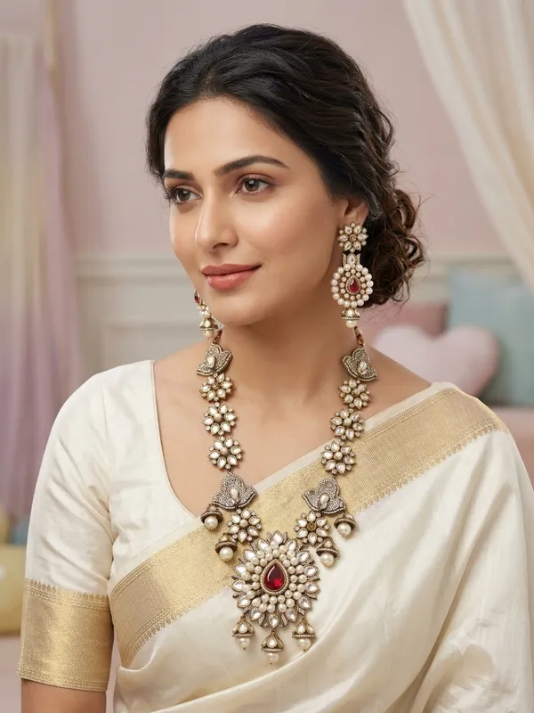 Oxidized_Silver-Plated_Floral_Kundan_Long_Necklace_Set_with_Red_Center_Stone