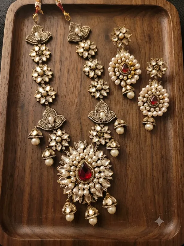 Oxidized_Silver-Plated_Floral_Kundan_Long_Necklace_Set_with_Red_Center_Stone