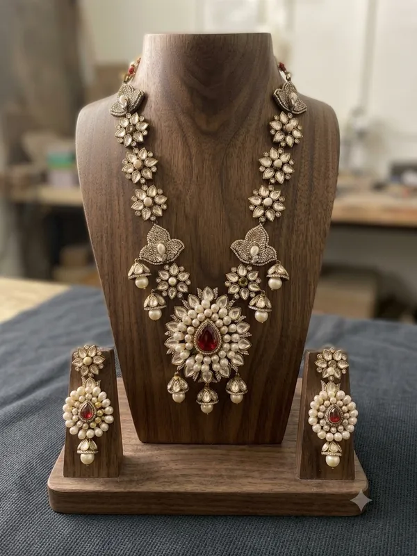 Oxidized_Silver-Plated_Floral_Kundan_Long_Necklace_Set_with_Red_Center_Stone