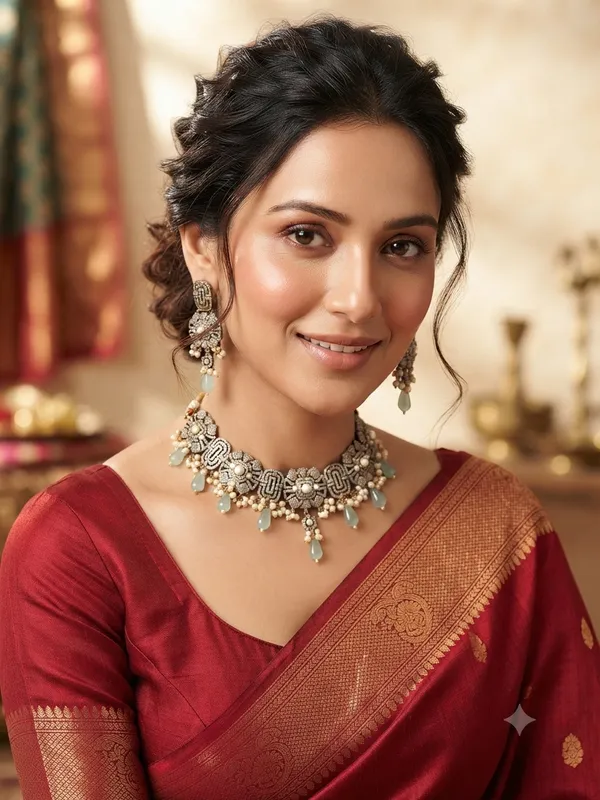 Oxidized_Silver-Plated_Geometric_Kundan_Choker_Necklace_Set_with_Mint_Drops