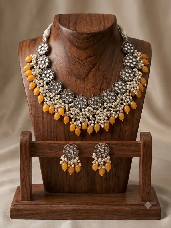 Oxidized_Silver-Plated_Kundan_Choker_Necklace_Set_with_Yellow_Beads