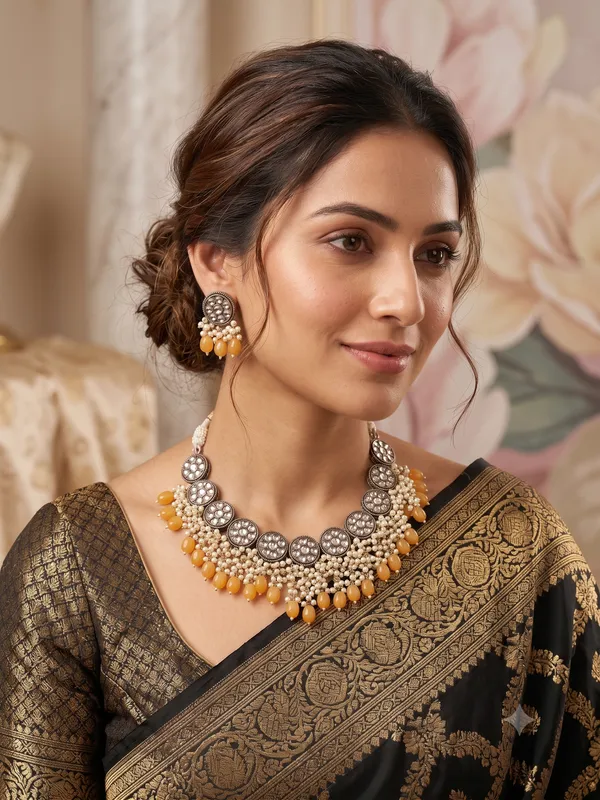 Oxidized_Silver-Plated_Kundan_Choker_Necklace_Set_with_Yellow_Beads