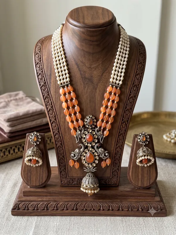 Oxidized_Silver-Plated_Peacock_Pendant_Long_Necklace_Set_with_Orange_Beads_and_Pearls