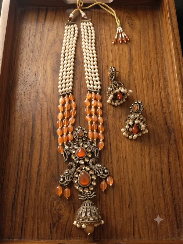 Oxidized_Silver-Plated_Peacock_Pendant_Long_Necklace_Set_with_Orange_Beads_and_Pearls