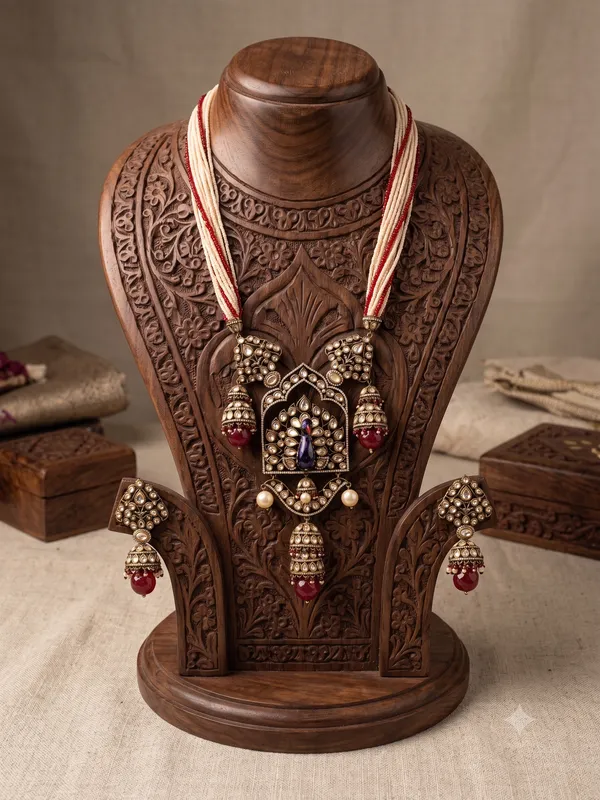 Silver-Plated_Peacock_Pendant_Long_Necklace_Set_with_Red_and_White_Beaded_Strands