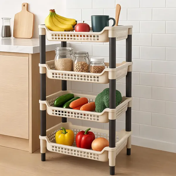 Cream_And_Dark_Brown__Plastic_4-Layer_Ventilated_Multipurpose_Storage_Rack