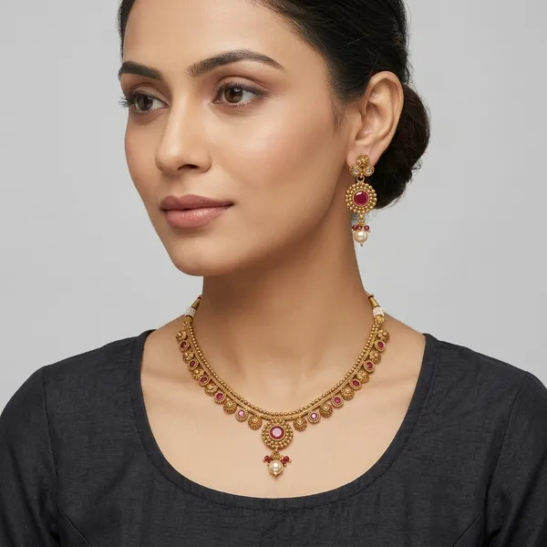 Ruby_And_Gold_Copper_Brass_Necklace_Set_For_Women
