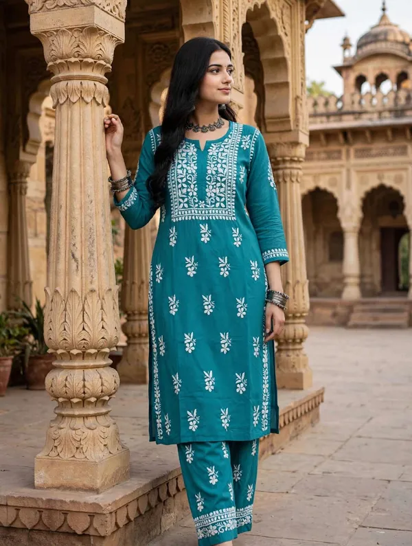 Vedika_Cotton_Hand_Embroidered_Straight_Kurti_Pant_Set_For_Women