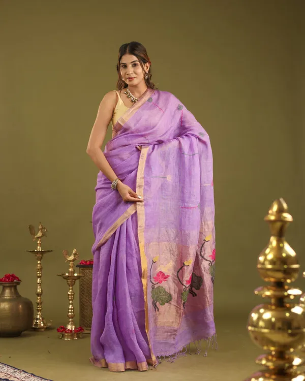 Lavender_Linen_Hand_Woven_Saree_For_Women