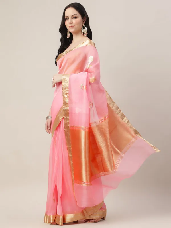 Pink_Pure_Organza_Silk_Hand_Woven_Saree_For_Women