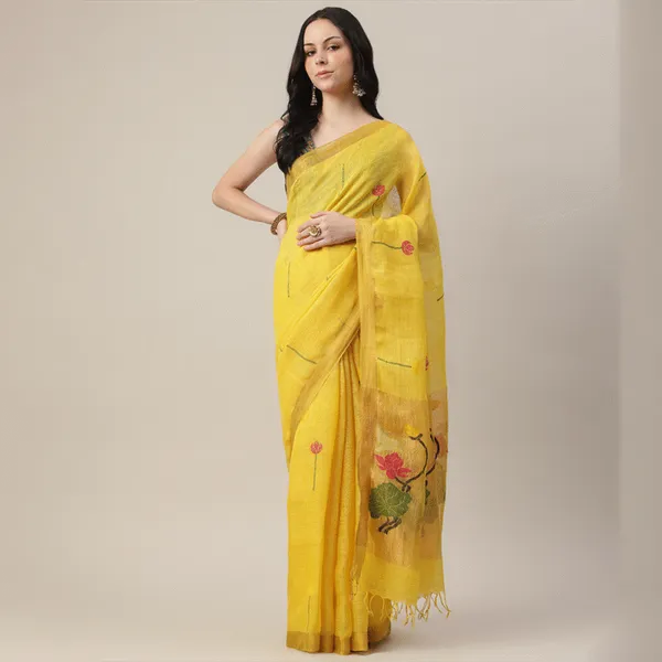 Yellow_Pure_Linen__HandWoven_Saree_For_Women