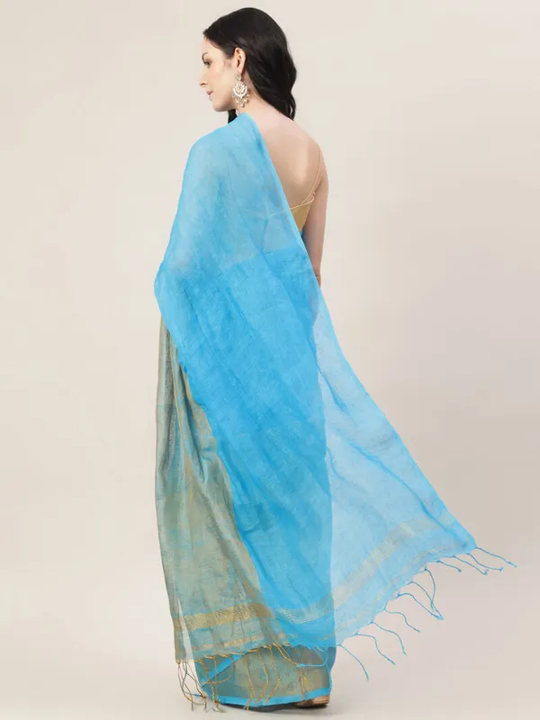 Firozi_Blue_Linen_Hand_Woven_Saree_For_Women
