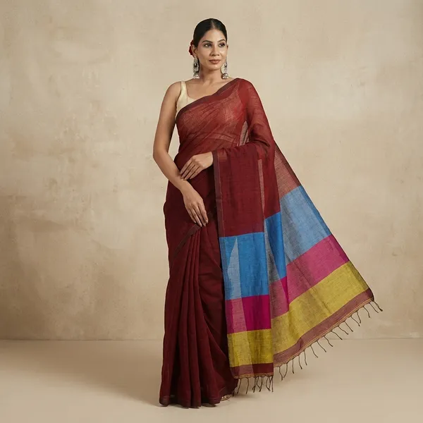 Maroon_Linen_Hand_Woven_Saree_For_Women