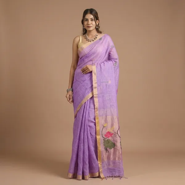 Lavender_Linen_Hand_Woven_Saree_For_Women