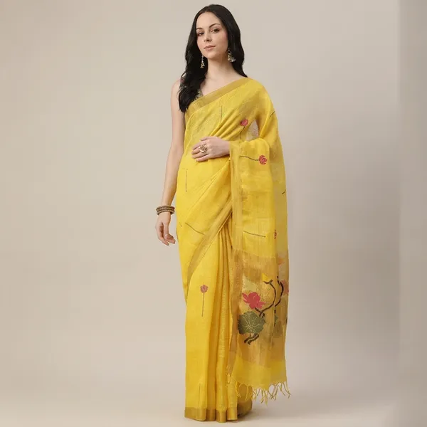 Yellow_Pure_Linen__HandWoven_Saree_For_Women
