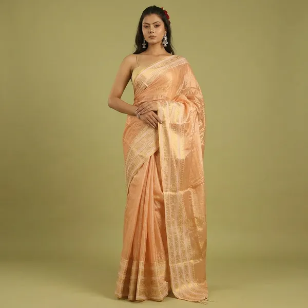 Peach_Tissue_Cotton_Hand_Woven_Saree_For_Women