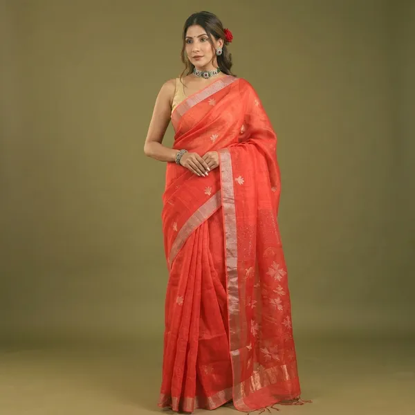 Ruby_Red_Silk_Linen_Hand_Woven_Saree_For_Women