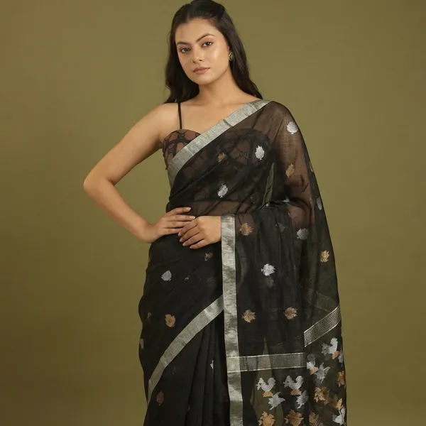 Black_Pure_Silk_Pure_Linen_Hand_Woven_Saree_For_Women
