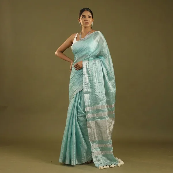 Aqua_Green_Tissue_Mul_Cotton_Hand_Woven_Saree_For_Women