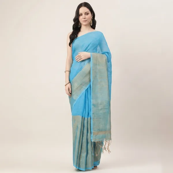 Firozi_Blue_Linen_Hand_Woven_Saree_For_Women